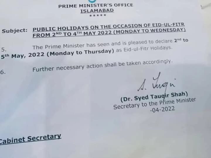 Notification Eid-ul-Fitar Holidays 2022 Govt Announcement