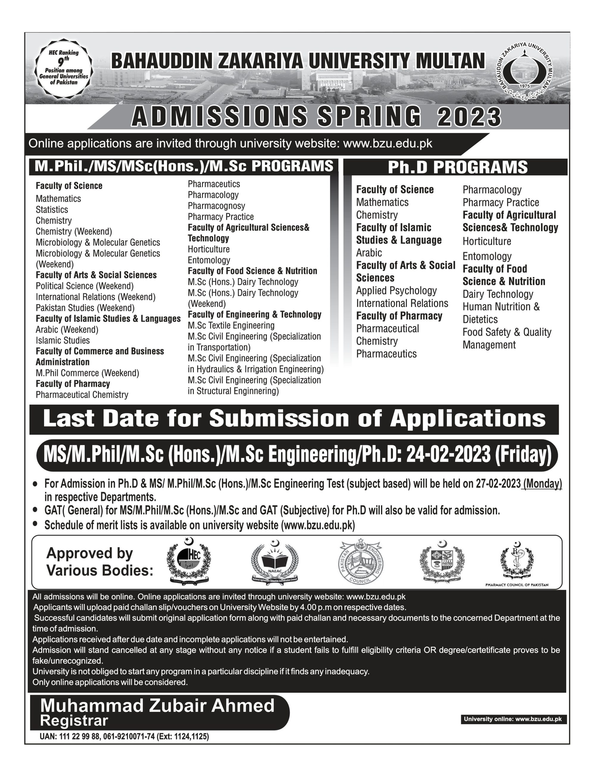 Apply Online for BZU Admission 2023 BS BSC MS MSC M.Phill