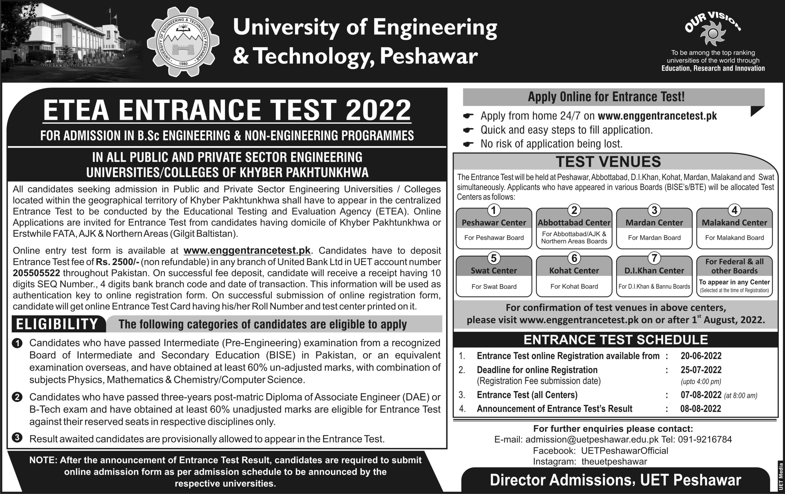 Online Registration UET Peshawar ETEA Entry Test Date 2022 