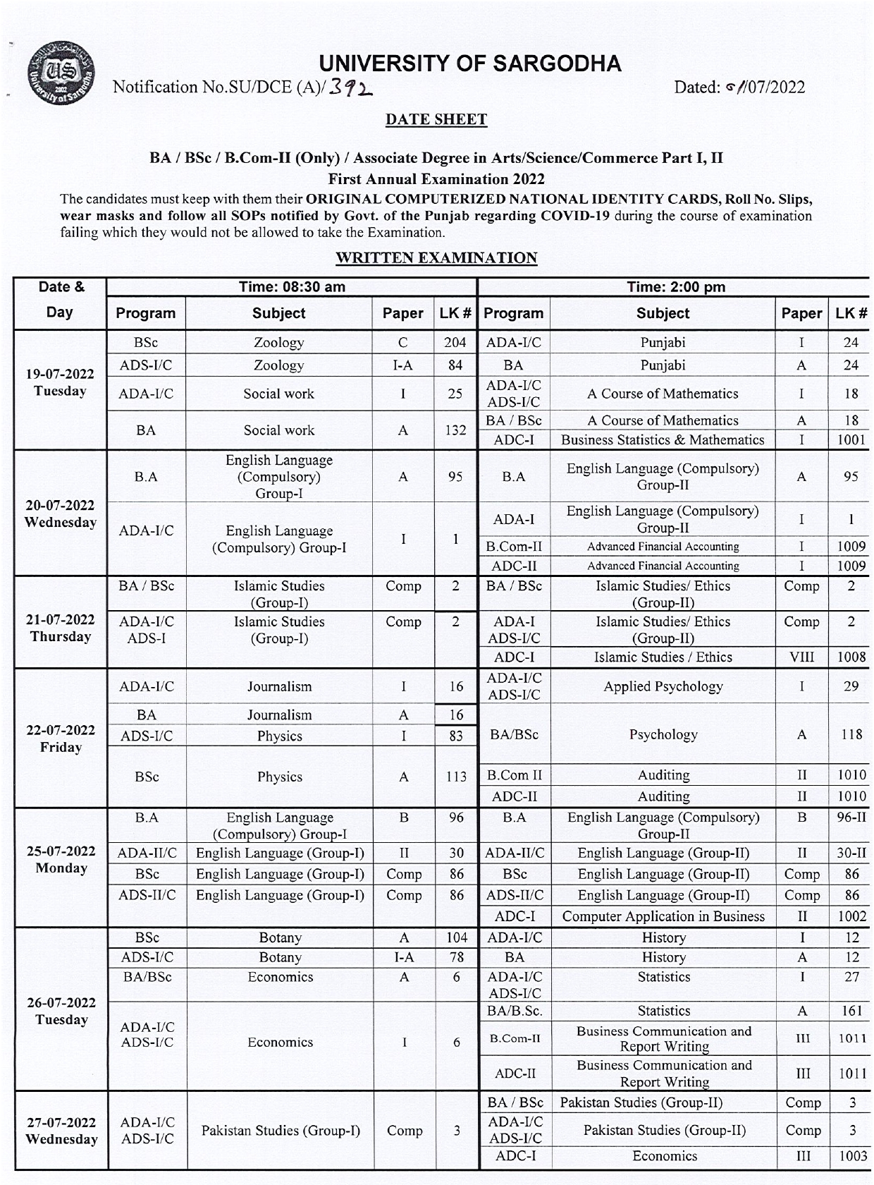Check Online UOS BA BSC ADA ADS Date Sheet 2022 Annual Exams