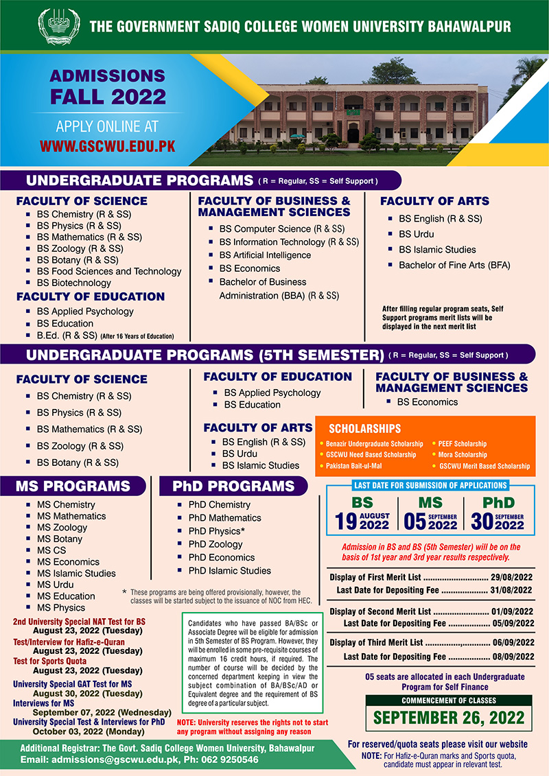 Check Online GSCWU Bahawalpur Merit List 2022 All Programs