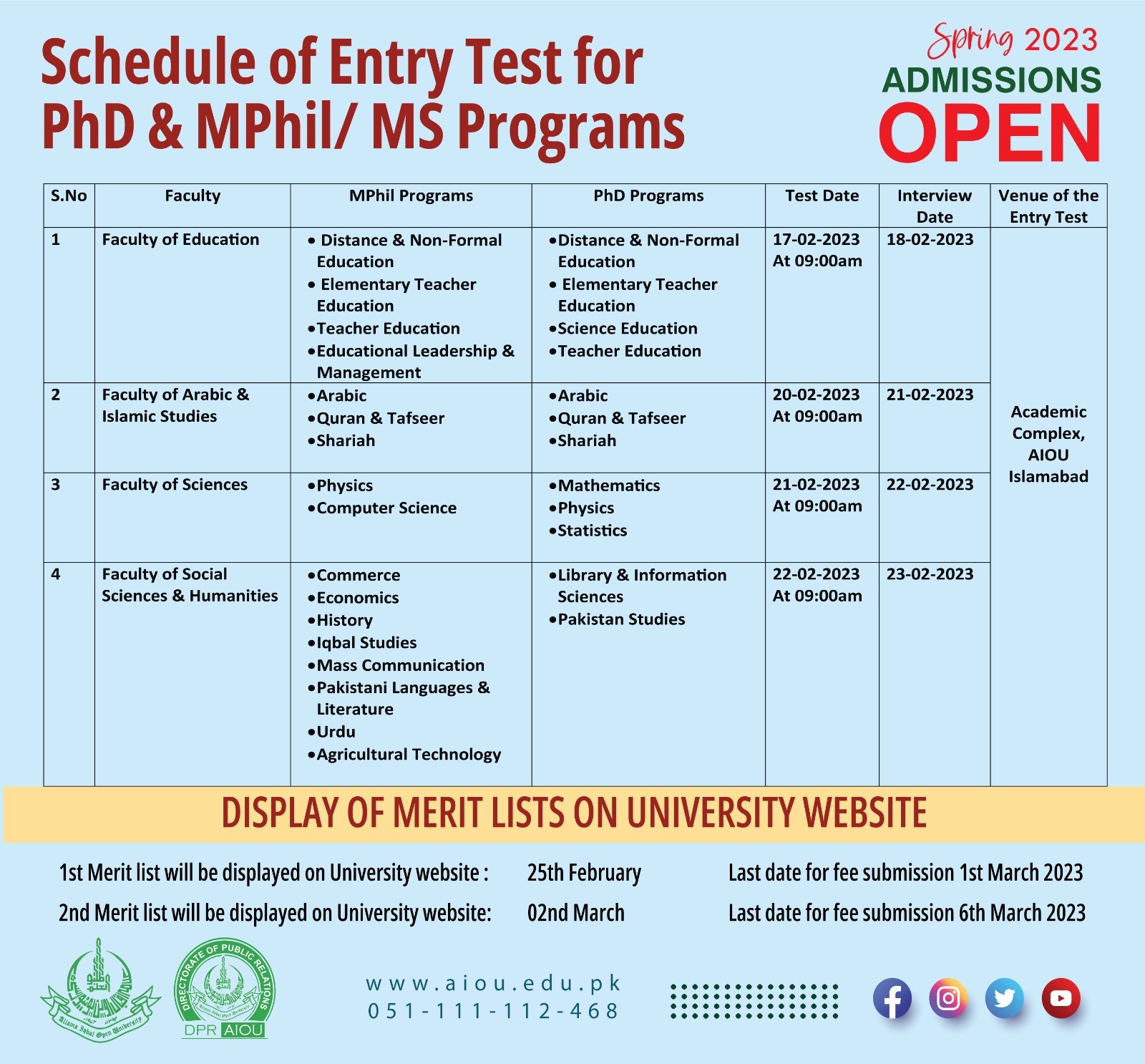 Check Online AIOU MPhil PhD Entry Test Schedule 2023